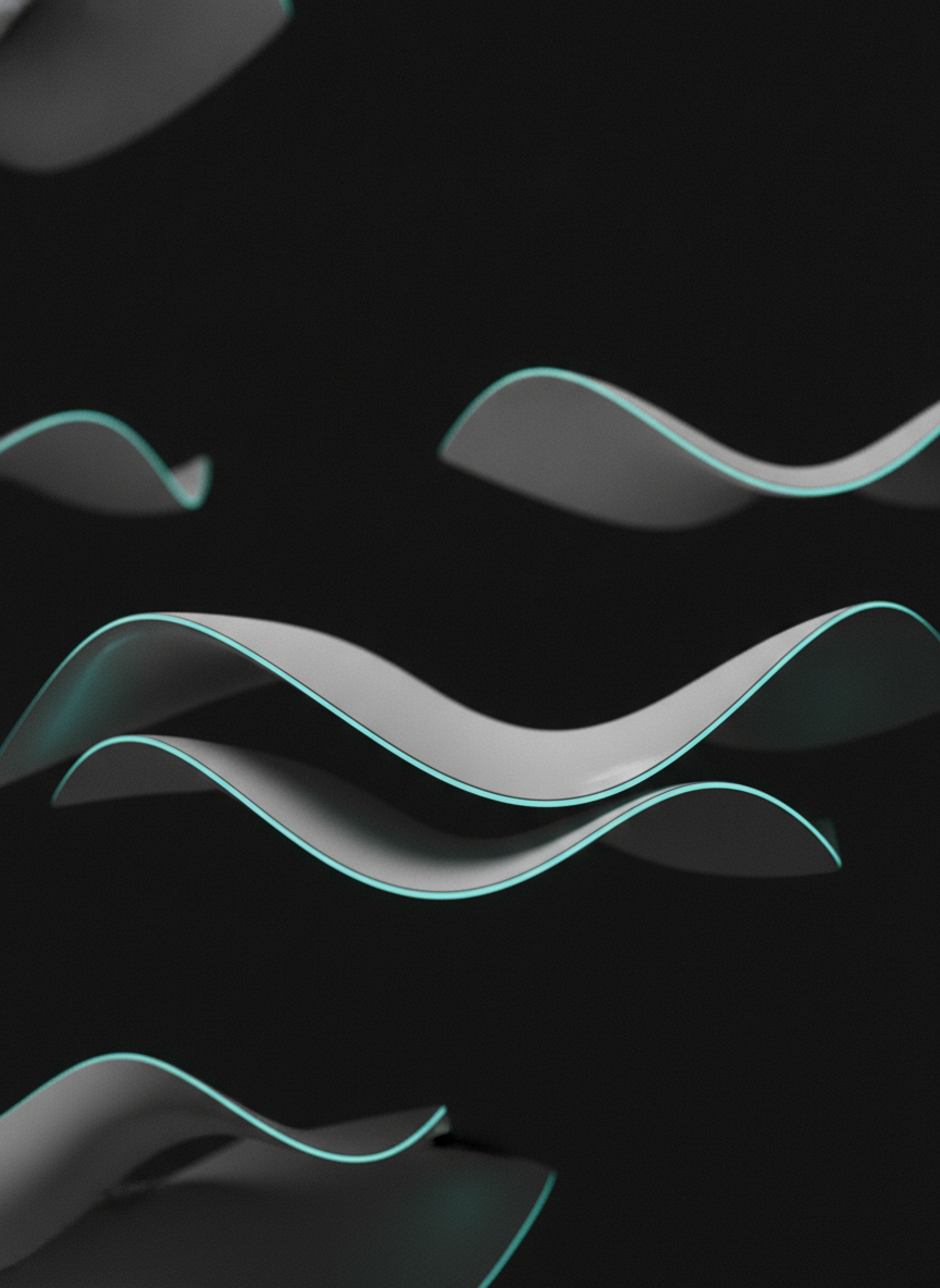 Formas orgânicas em porcelana branca com luz ciano na borda